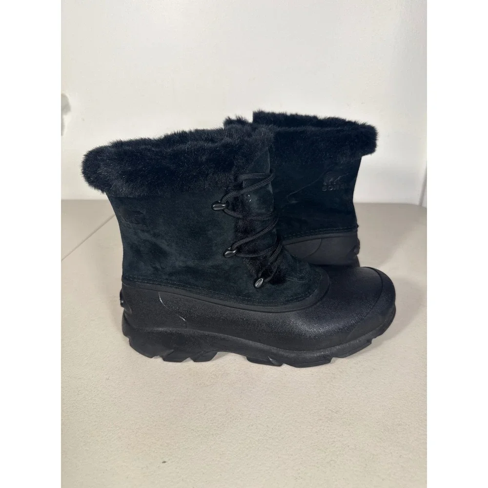 Sorel Womens Black Suede Faux Fur Trim Waterproof Winter Snow Boots Lace Up Sz 8